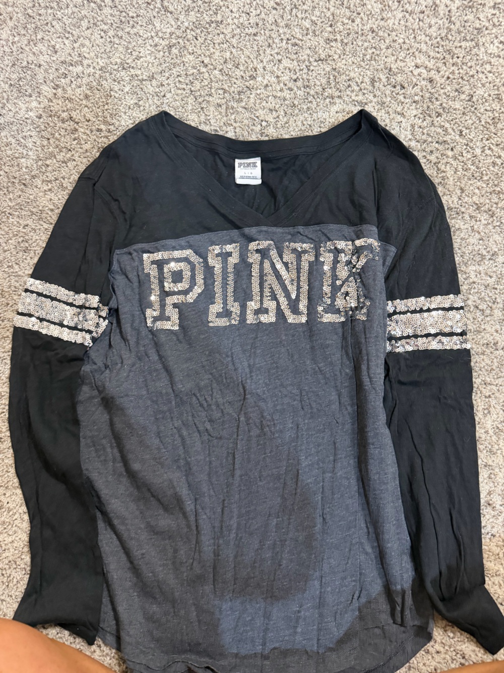 PINK Victoria's Secret Black & Charcoal Sequin Logo Long Sleeve Top